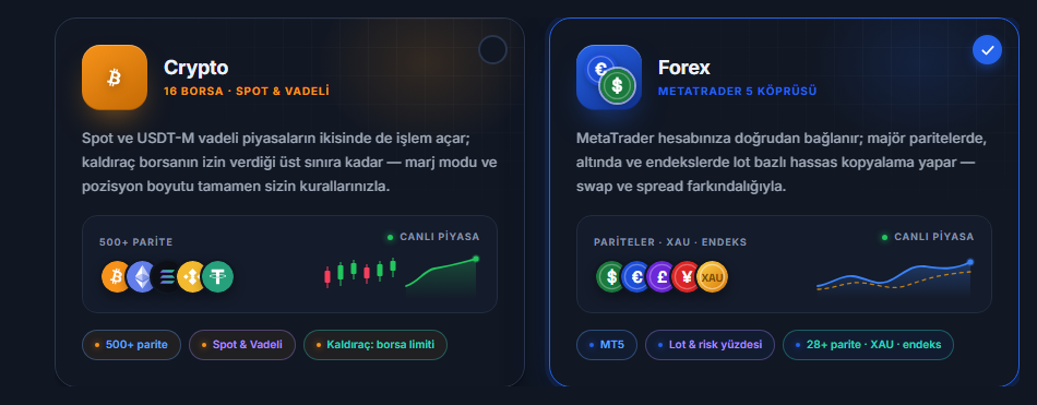 Piyasa seçimi: Crypto ve Forex kartları, Forex kartı seçili
