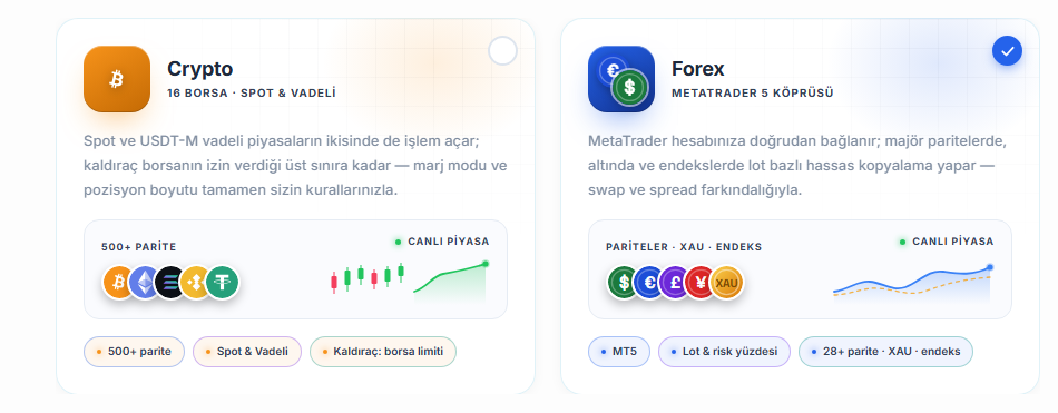 Piyasa seçimi: Crypto ve Forex kartları, Forex kartı seçili