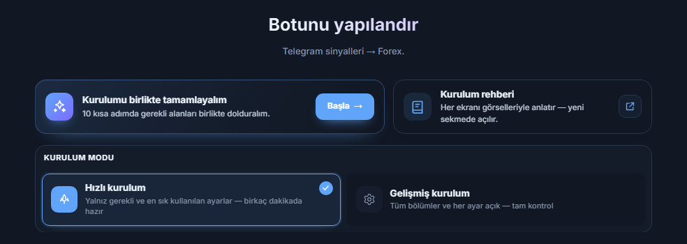 Botunu yapılandır ekranının üstü: kurulum rehberi Başla düğmesi, Hızlı kurulum ve Gelişmiş kurulum kartları
