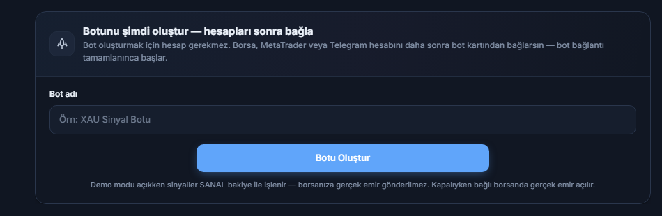 Botunu şimdi oluştur paneli: Bot adı alanı ve Botu Oluştur düğmesi