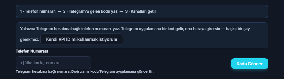 Telegram Bağlantısı: adım şeridi, Telefon Numarası alanı ve Kodu Gönder düğmesi