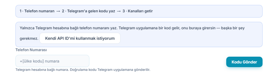 Telegram Bağlantısı: adım şeridi, Telefon Numarası alanı ve Kodu Gönder düğmesi