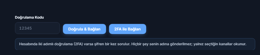Doğrulama Kodu alanı ve Doğrula & Bağlan düğmesi