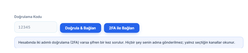 Doğrulama Kodu alanı ve Doğrula & Bağlan düğmesi