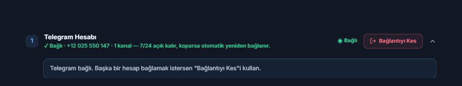 Telegram Hesabı bölümü bağlandıktan sonra: yeşil Bağlı rozeti, Bağlantıyı Kes düğmesi ve Telegram bağlı notu