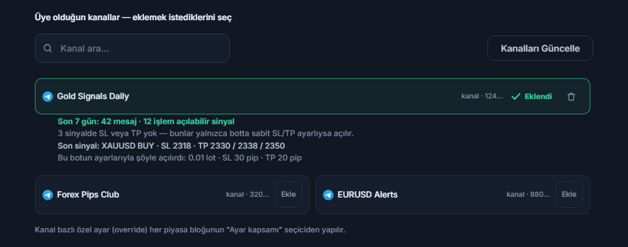 Sinyal Kanalları bölümü bağlandıktan sonra: kanal arama kutusu, Kanalları Güncelle düğmesi, Ekle düğmeli kanallar, eklenmiş bir kanalda Eklendi işareti ve altında 7 günlük kanal karnesi