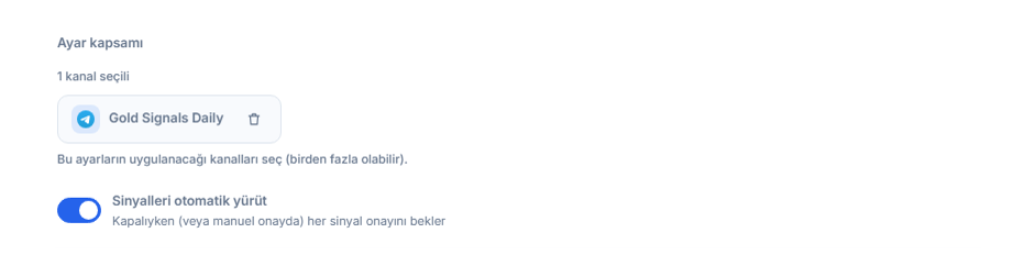 Ayar kapsamı bölümü kanal eklendikten sonra: 1 kanal seçili sayacı, yeşil tikli seçili kanal çipi ve çipteki kaldır düğmesi