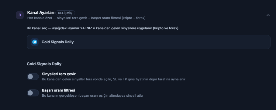 Kanal Ayarları akordeonu: seçili kanal satırı çerçeveli, altında Sinyalleri ters çevir ve Başarı oranı filtresi anahtarları