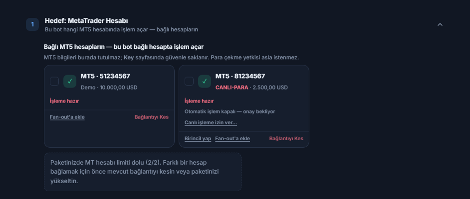 Bağlı MT5 hesapları: bir demo ve bir canlı hesap kartı; canlı hesapta Otomatik işlem kapalı onay bekliyor notu ve Canlı işleme izin ver düğmesi