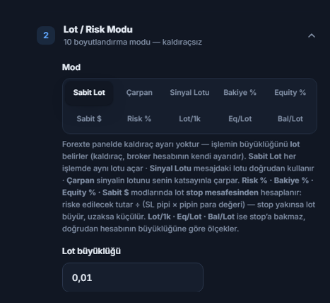Lot / Risk Modu bölümü: Sabit Lot seçili ve Lot büyüklüğü alanı 0.01