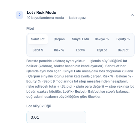 Lot / Risk Modu bölümü: Sabit Lot seçili ve Lot büyüklüğü alanı 0.01