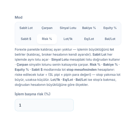 Lot / Risk Modu: Risk % seçili ve İşlem başına risk (%) alanı
