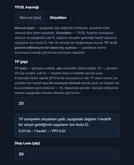 TP / SL (pip): TP/SL kaynağı Sinyalden seçili
