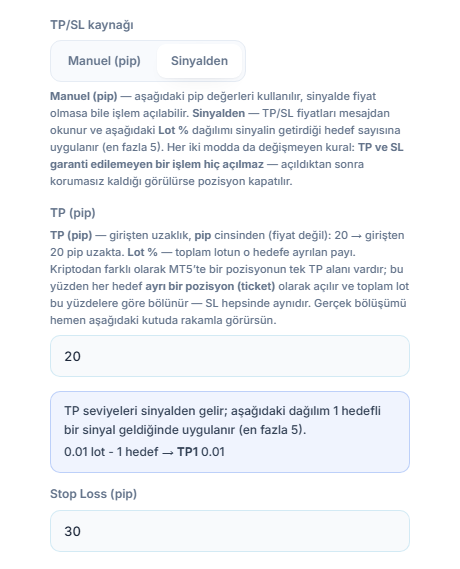 TP / SL (pip): TP/SL kaynağı Sinyalden seçili