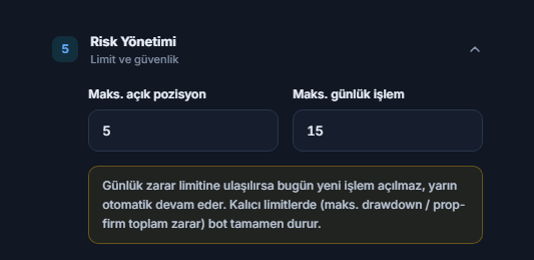Risk Yönetimi: Maks. açık pozisyon 5 ve Maks. günlük işlem 15