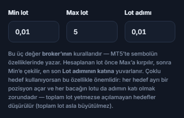 Min lot 0.01, Max lot 5 ve Lot adımı 0.01 alanları