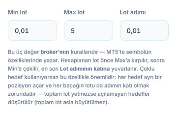 Min lot 0.01, Max lot 5 ve Lot adımı 0.01 alanları