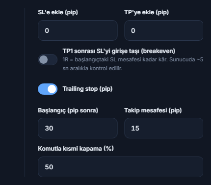 SL'e ekle ve TP'ye ekle pip alanları, breakeven anahtarı, açık trailing stop anahtarı ve başlangıç ile takip mesafesi, komutla kısmi kapama yüzdesi