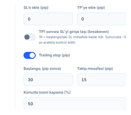 SL'e ekle ve TP'ye ekle pip alanları, breakeven anahtarı, açık trailing stop anahtarı ve başlangıç ile takip mesafesi, komutla kısmi kapama yüzdesi