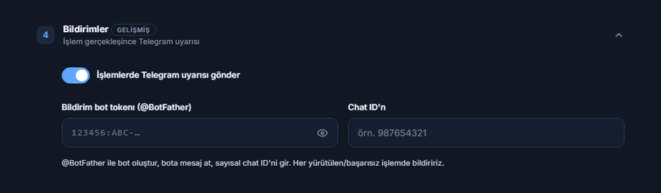 Bildirimler: açık Telegram uyarısı anahtarı, bot token ve Chat ID alanları