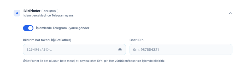 Bildirimler: açık Telegram uyarısı anahtarı, bot token ve Chat ID alanları