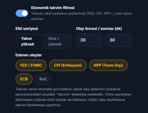 Ekonomik takvim filtresi: anahtar açık, etki seviyesi, haber öncesi ve sonrası dakika, olay türleri
