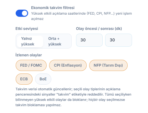 Ekonomik takvim filtresi: anahtar açık, etki seviyesi, haber öncesi ve sonrası dakika, olay türleri