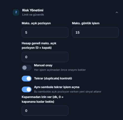 Risk Yönetimi gelişmiş: maks. açık pozisyon, hesap genelinde tavan, manuel onay, tekrar kontrolü, aynı sembol kilidi ve en az bekleme