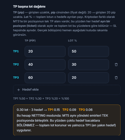 NETTING hesap notu: çoklu hedef bacaklara bölünmez, toplam lot korunur ve yalnızca TP1 uygulanır