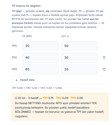 NETTING hesap notu: çoklu hedef bacaklara bölünmez, toplam lot korunur ve yalnızca TP1 uygulanır