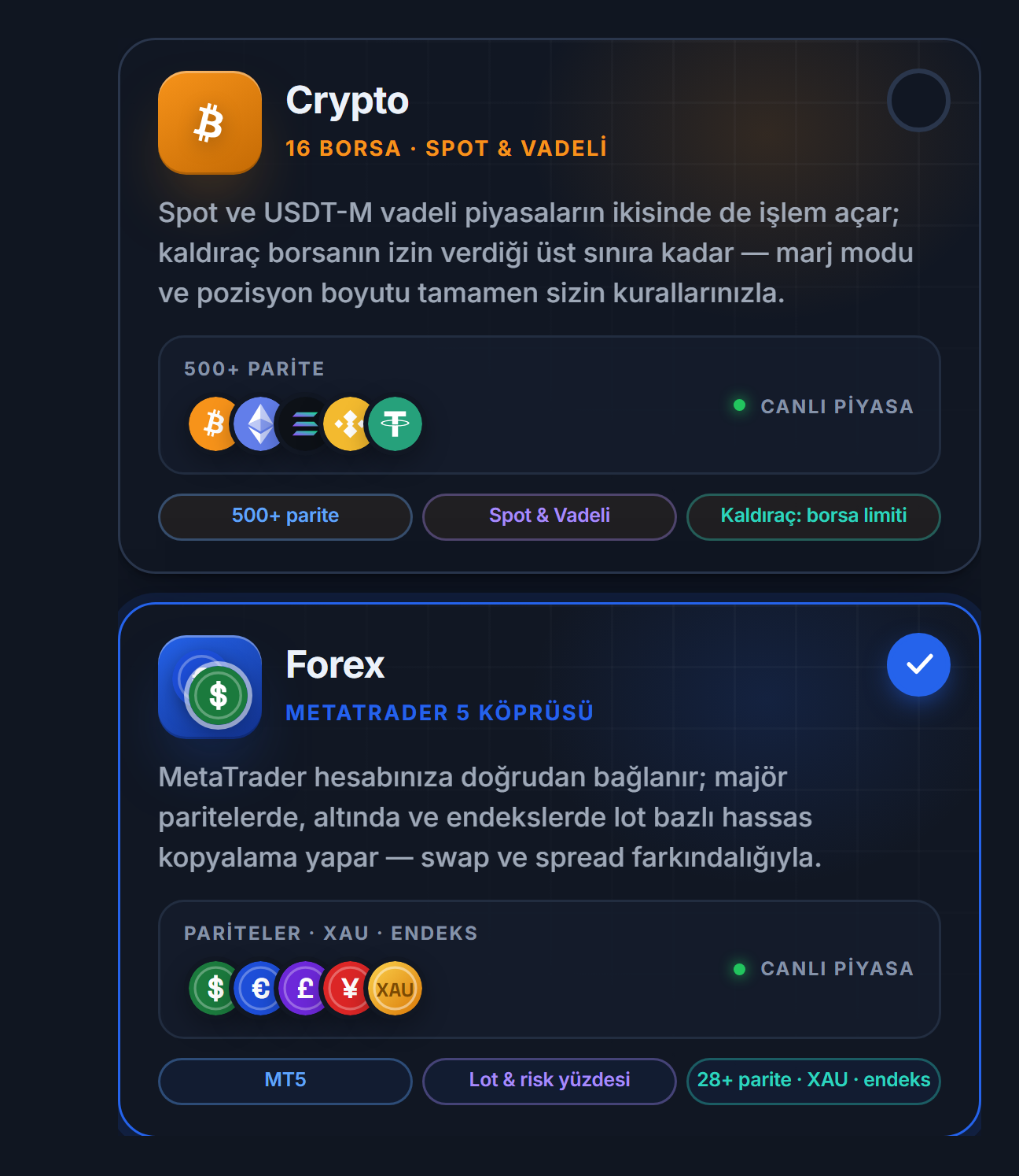 Piyasa seçimi: Crypto ve Forex kartları, Forex kartı seçili