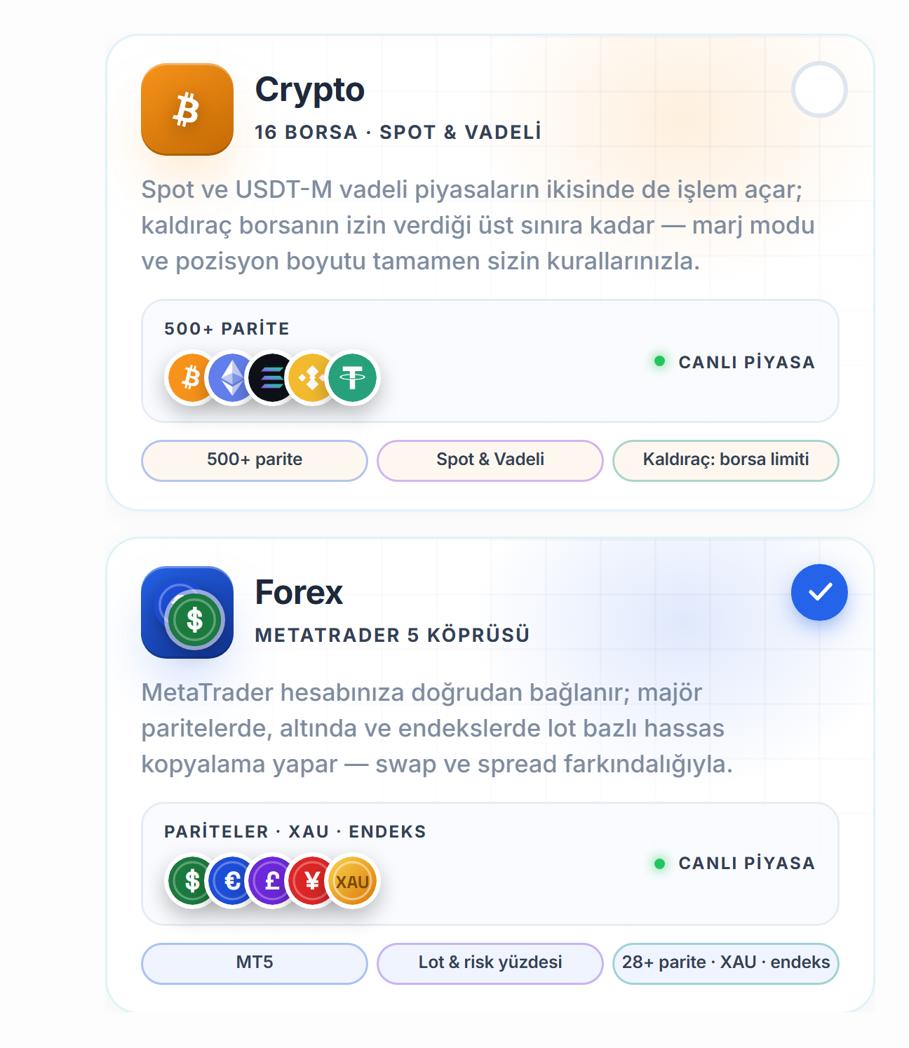 Piyasa seçimi: Crypto ve Forex kartları, Forex kartı seçili