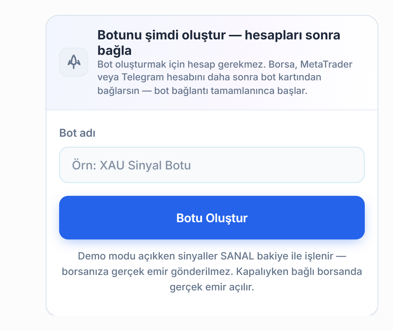 Botunu şimdi oluştur paneli: Bot adı alanı ve Botu Oluştur düğmesi