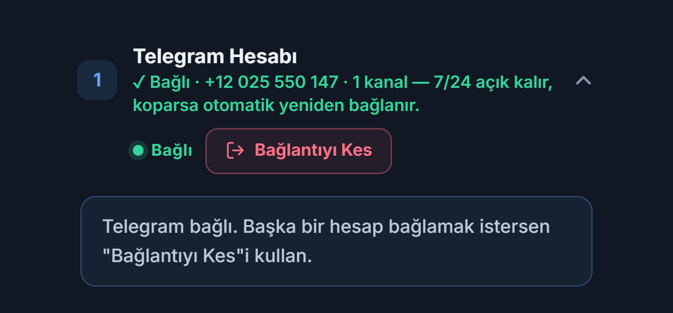 Telegram Hesabı bölümü bağlandıktan sonra: yeşil Bağlı rozeti, Bağlantıyı Kes düğmesi ve Telegram bağlı notu