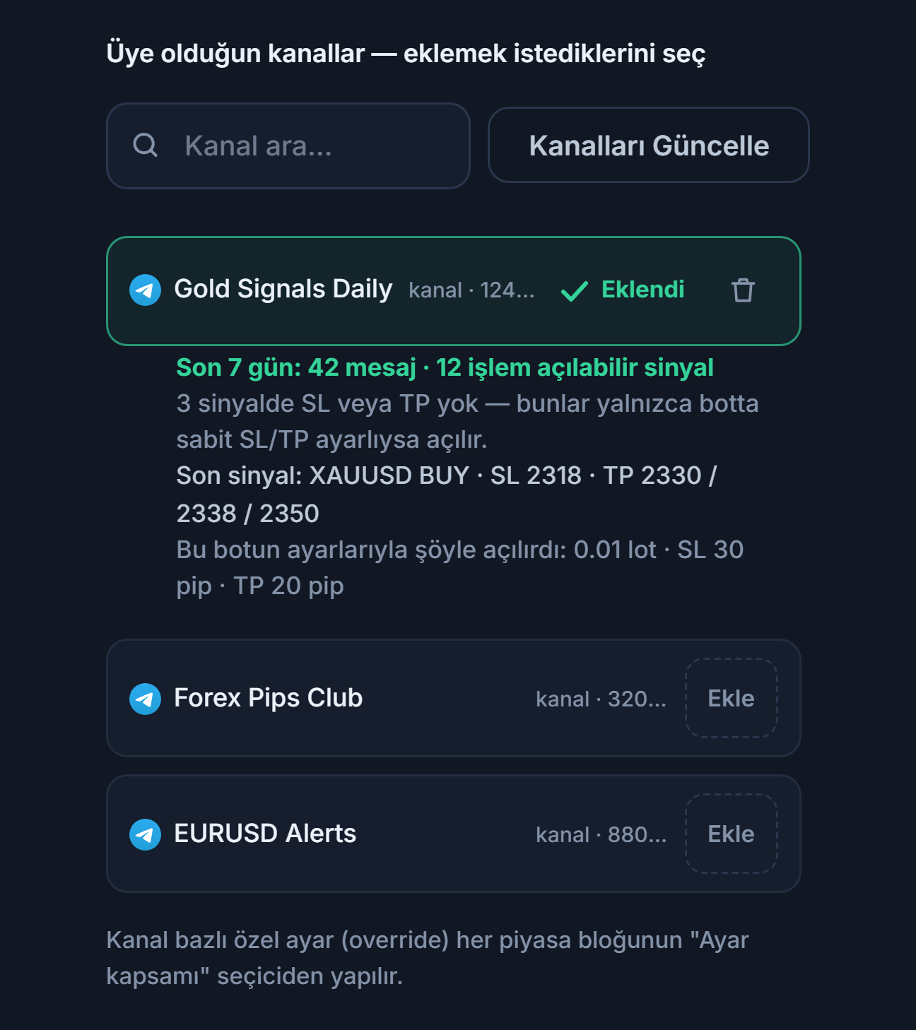 Sinyal Kanalları bölümü bağlandıktan sonra: kanal arama kutusu, Kanalları Güncelle düğmesi, Ekle düğmeli kanallar, eklenmiş bir kanalda Eklendi işareti ve altında 7 günlük kanal karnesi