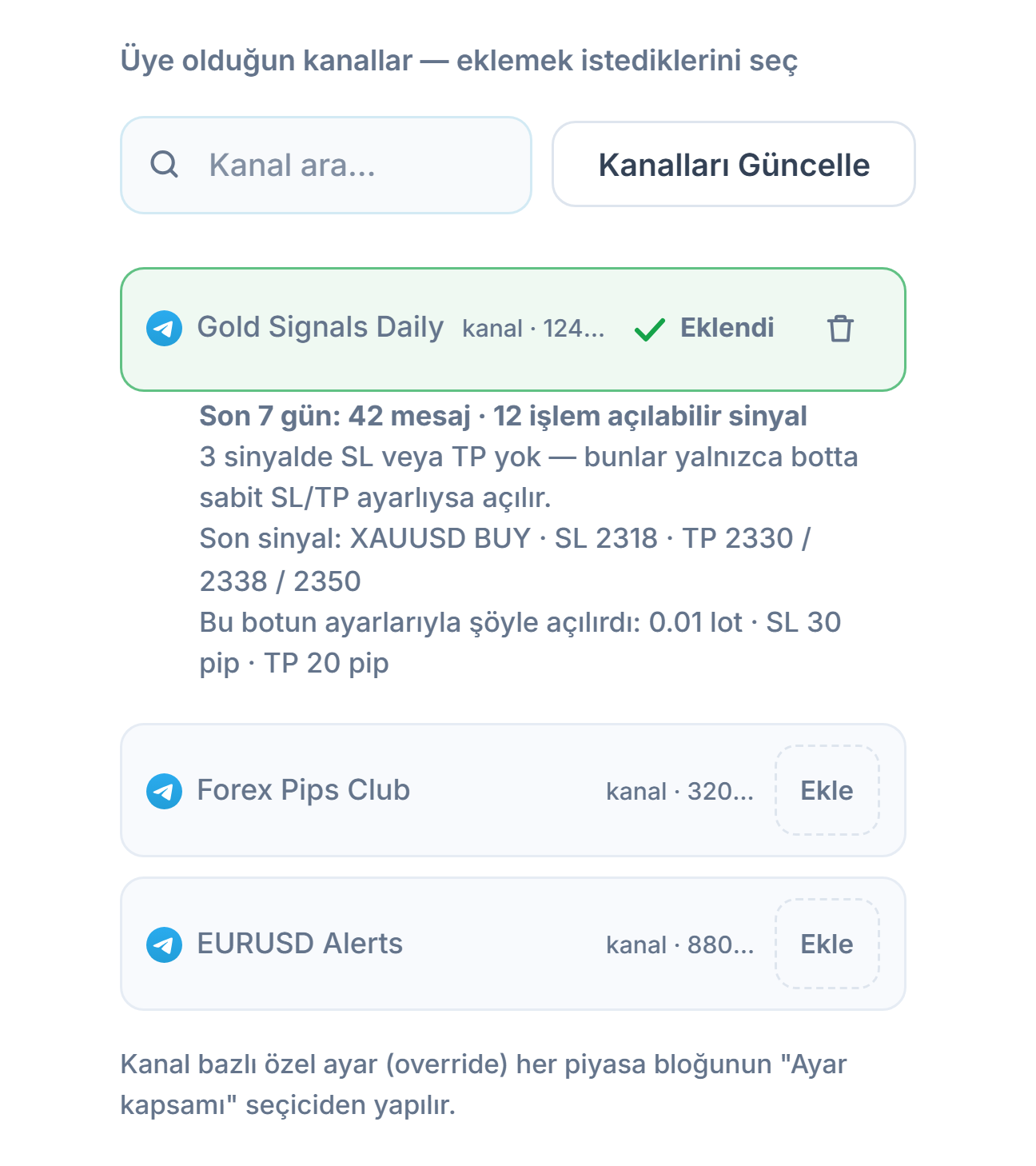 Sinyal Kanalları bölümü bağlandıktan sonra: kanal arama kutusu, Kanalları Güncelle düğmesi, Ekle düğmeli kanallar, eklenmiş bir kanalda Eklendi işareti ve altında 7 günlük kanal karnesi
