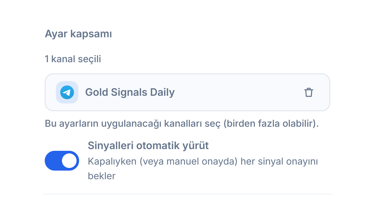 Ayar kapsamı bölümü kanal eklendikten sonra: 1 kanal seçili sayacı, yeşil tikli seçili kanal çipi ve çipteki kaldır düğmesi