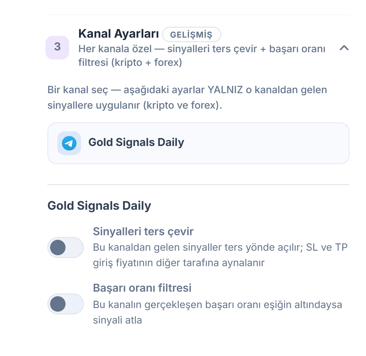 Kanal Ayarları akordeonu: seçili kanal satırı çerçeveli, altında Sinyalleri ters çevir ve Başarı oranı filtresi anahtarları
