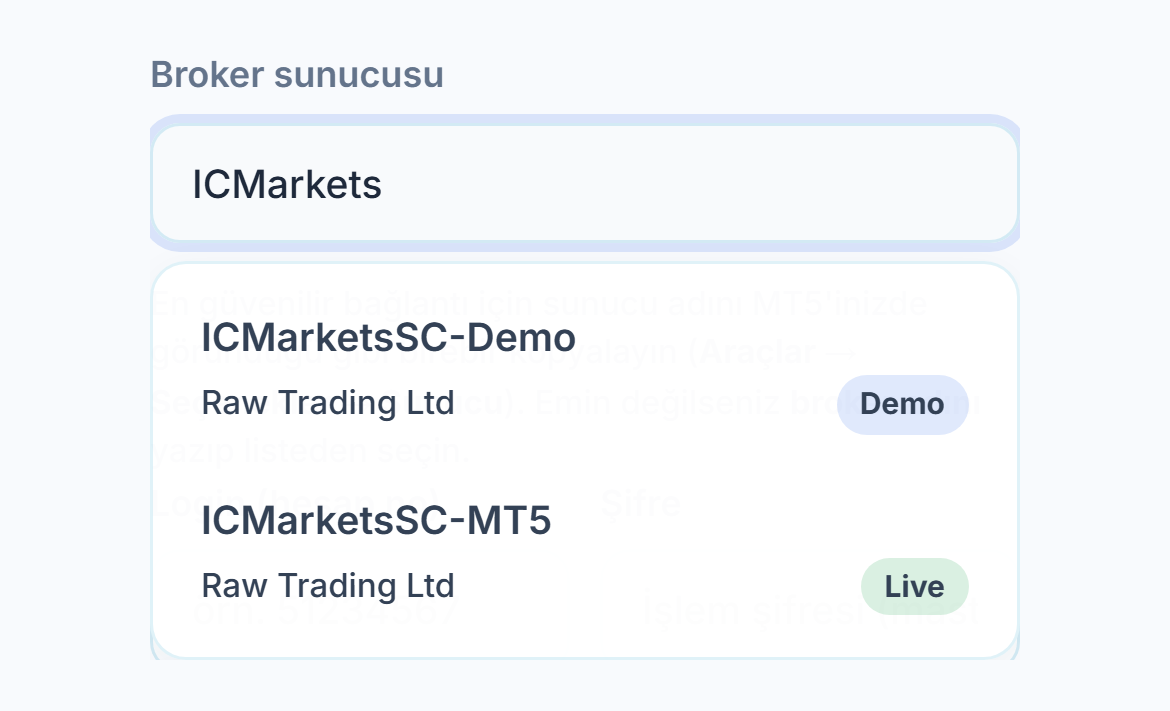 Broker sunucusu alanına ICMarkets yazılmış, altında Demo ve Live rozetli iki sunucu