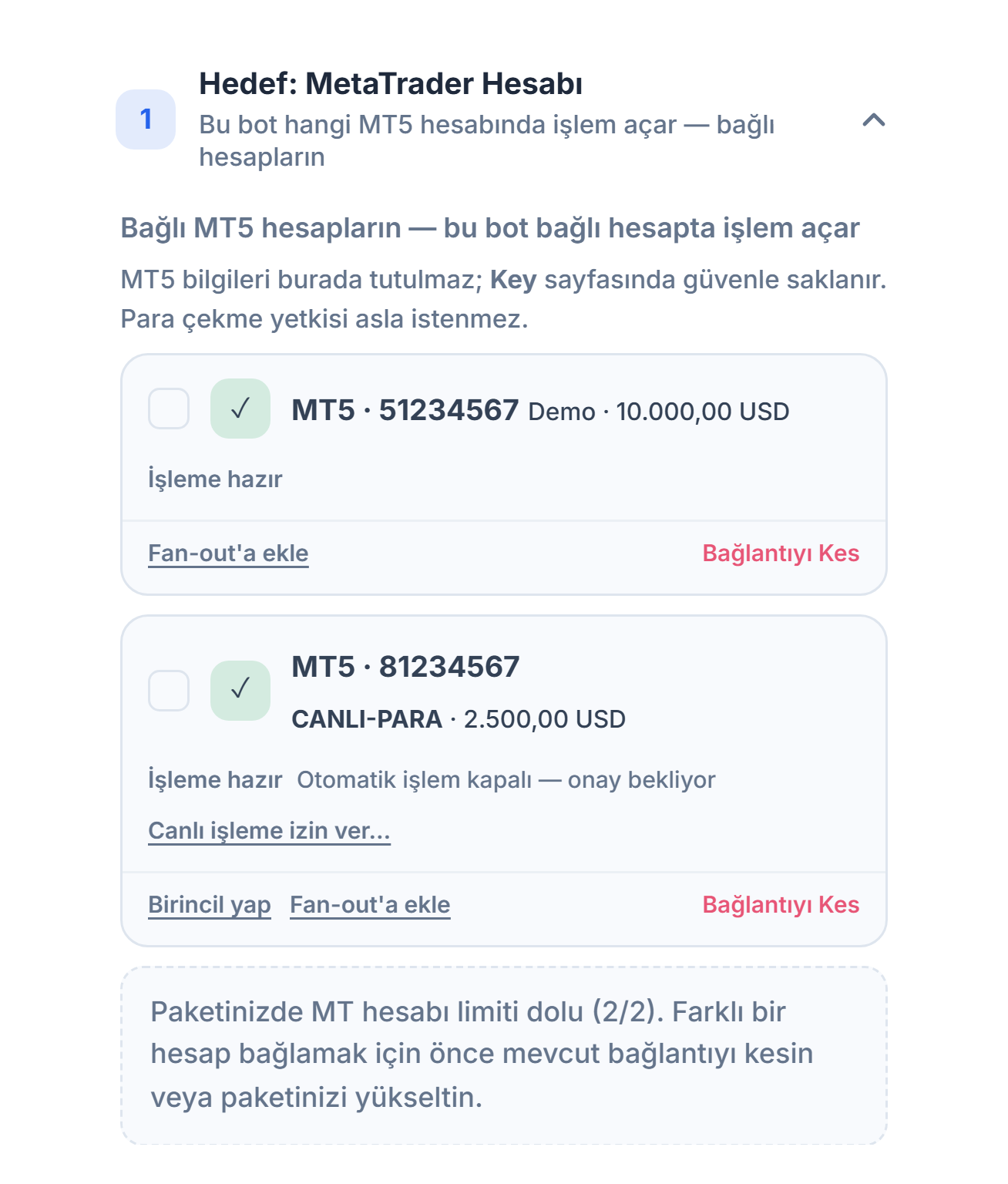 Bağlı MT5 hesapları: bir demo ve bir canlı hesap kartı; canlı hesapta Otomatik işlem kapalı onay bekliyor notu ve Canlı işleme izin ver düğmesi