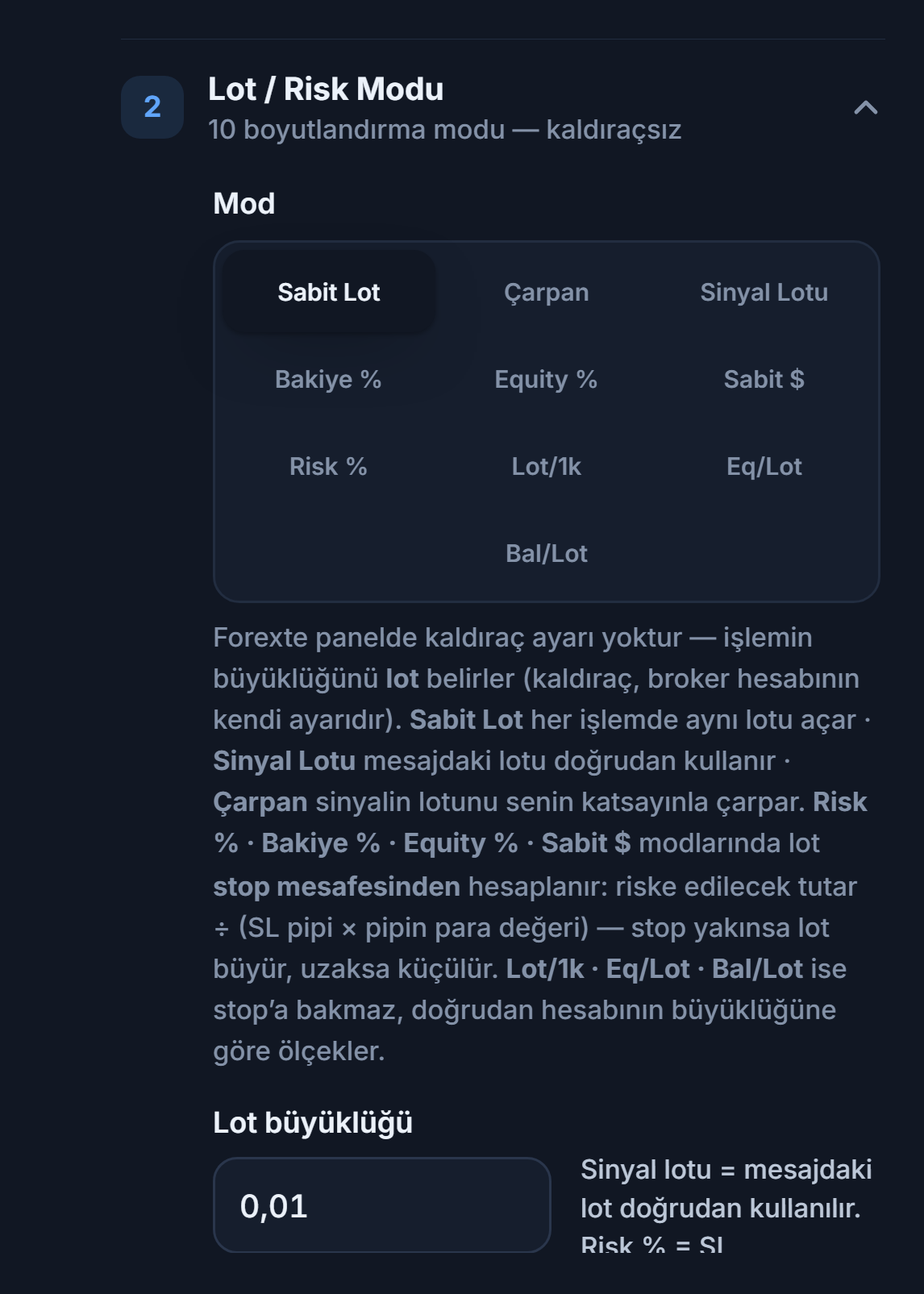 Lot / Risk Modu bölümü: Sabit Lot seçili ve Lot büyüklüğü alanı 0.01