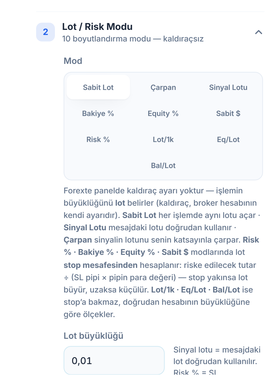 Lot / Risk Modu bölümü: Sabit Lot seçili ve Lot büyüklüğü alanı 0.01