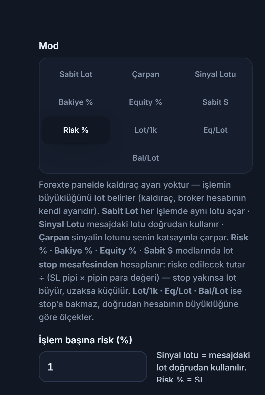 Lot / Risk Modu: Risk % seçili ve İşlem başına risk (%) alanı