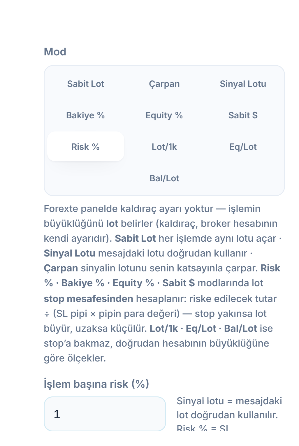 Lot / Risk Modu: Risk % seçili ve İşlem başına risk (%) alanı