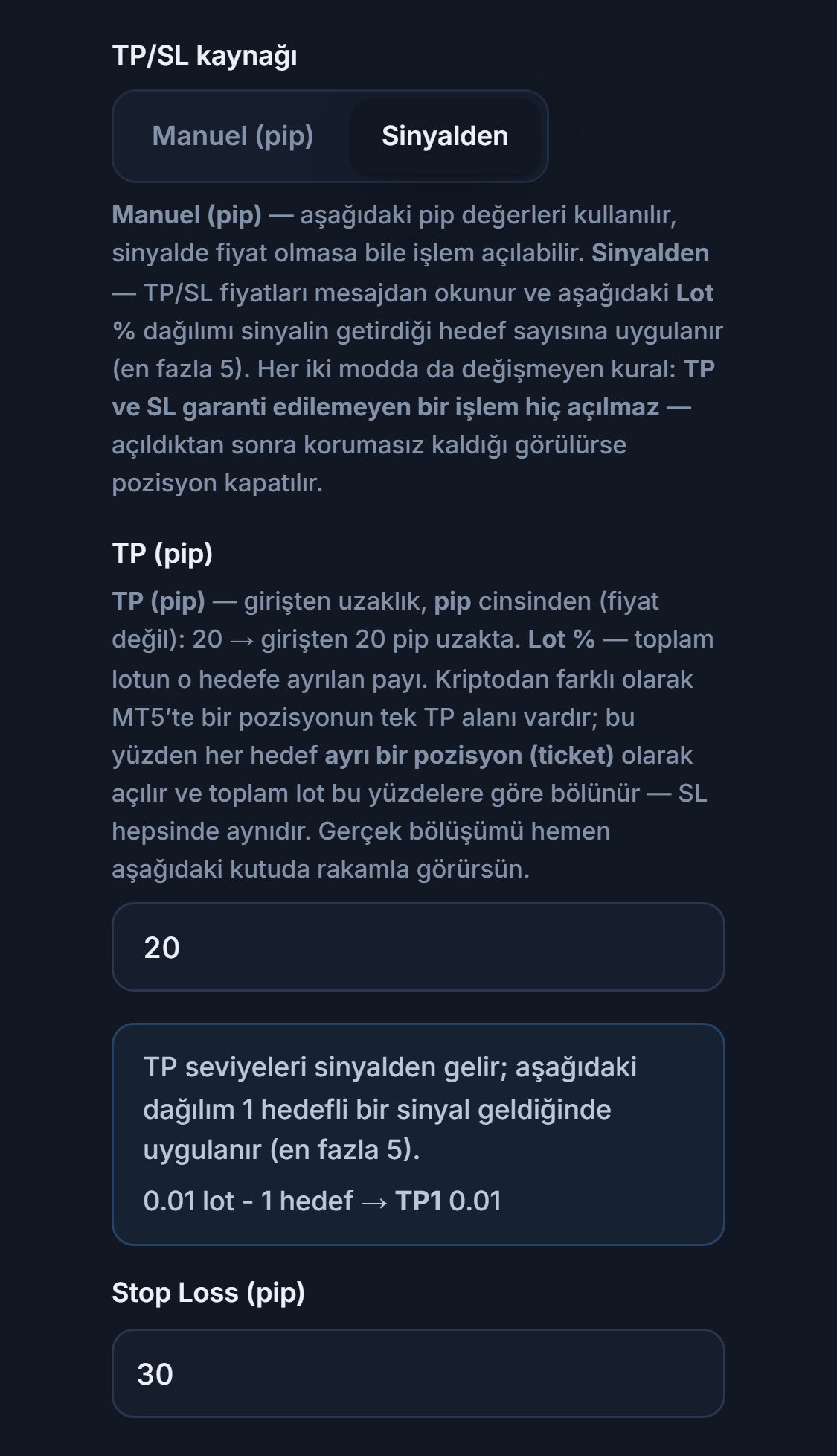 TP / SL (pip): TP/SL kaynağı Sinyalden seçili