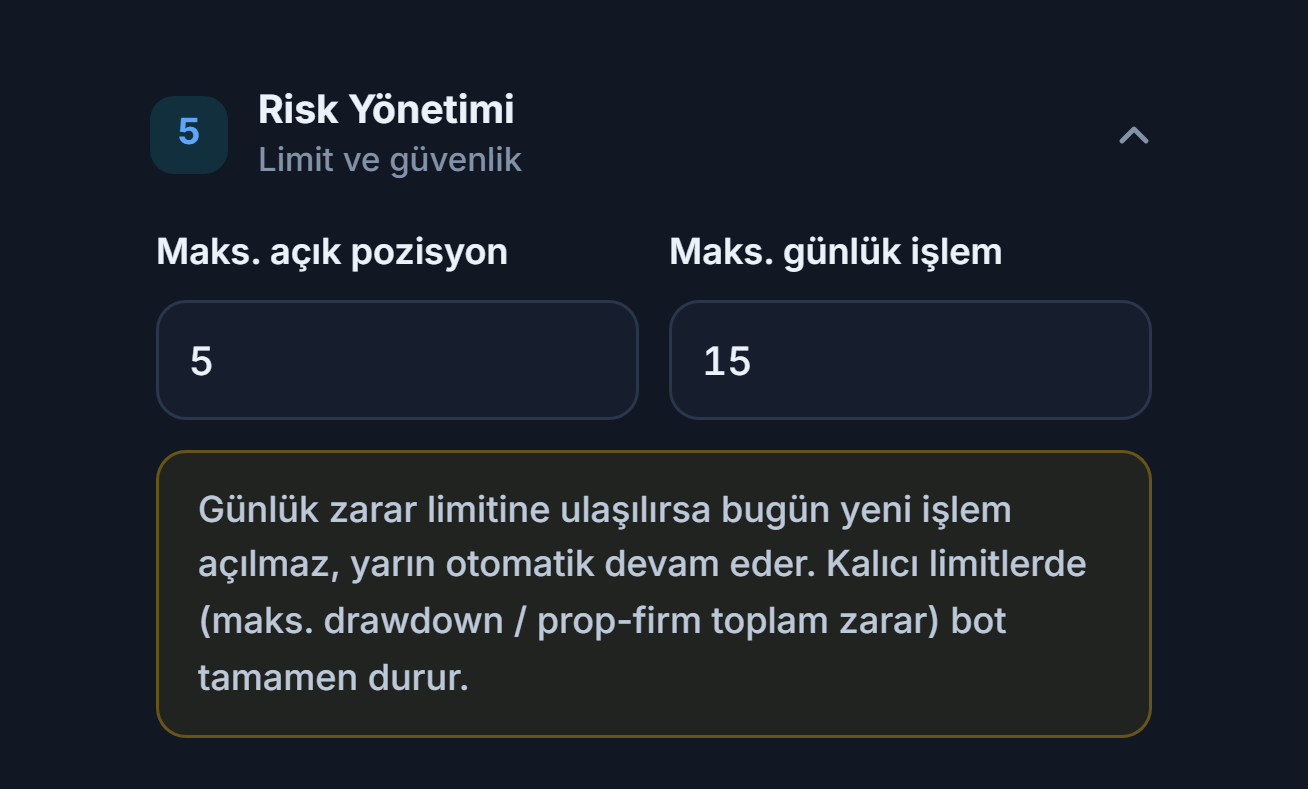 Risk Yönetimi: Maks. açık pozisyon 5 ve Maks. günlük işlem 15