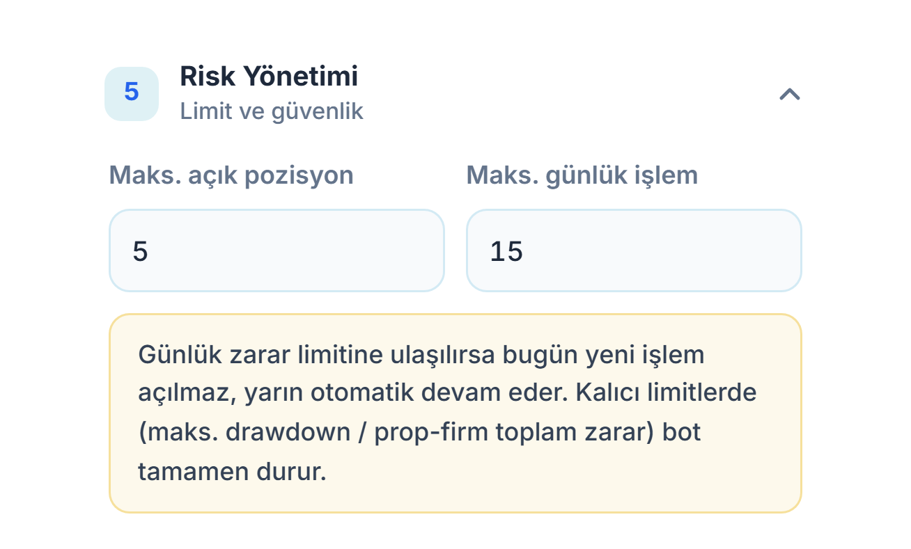 Risk Yönetimi: Maks. açık pozisyon 5 ve Maks. günlük işlem 15