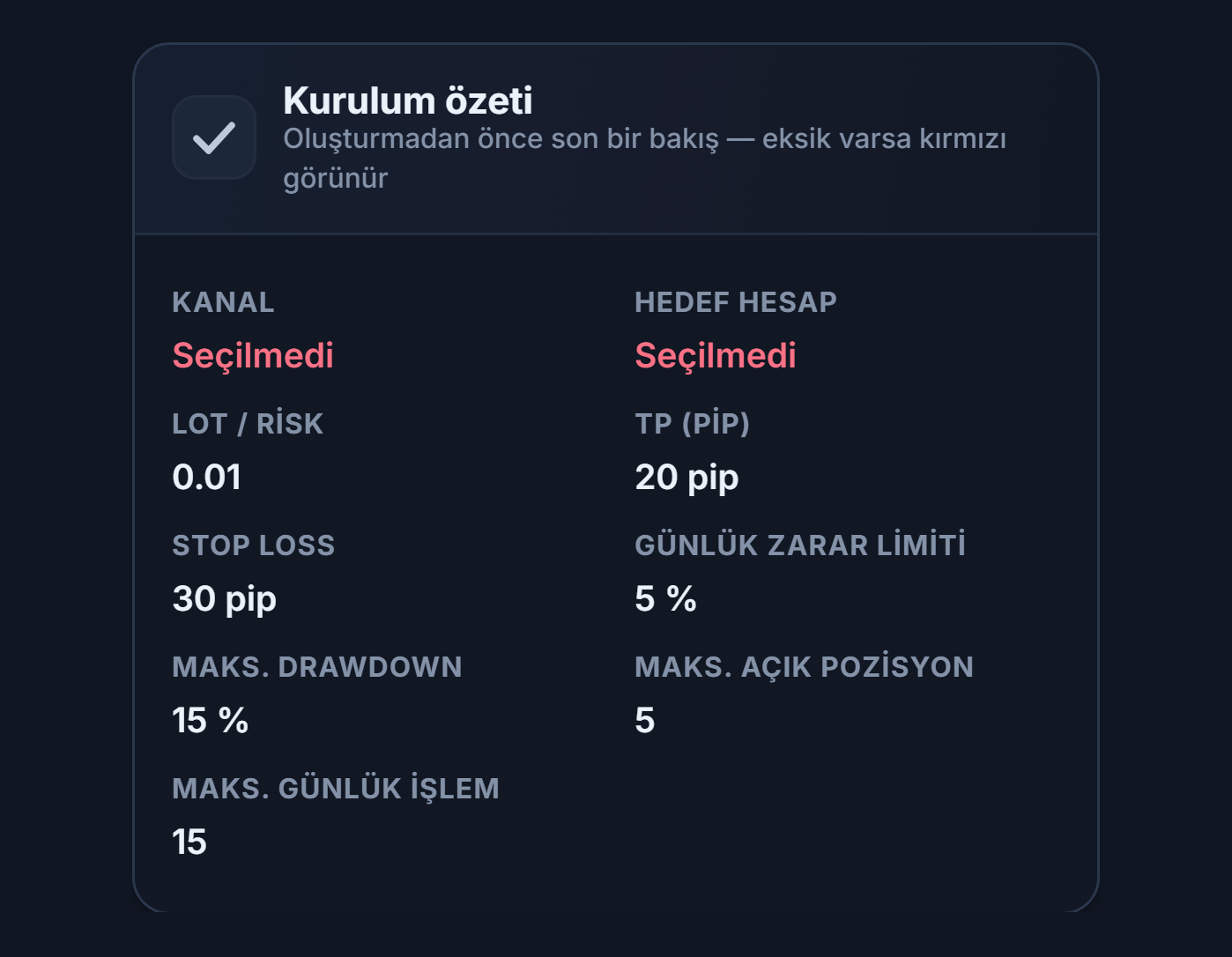 Kurulum özeti: Kanal ve Hedef hesap alanları kırmızı Seçilmedi, Lot, TP, Stop Loss, günlük zarar ve limit değerleri