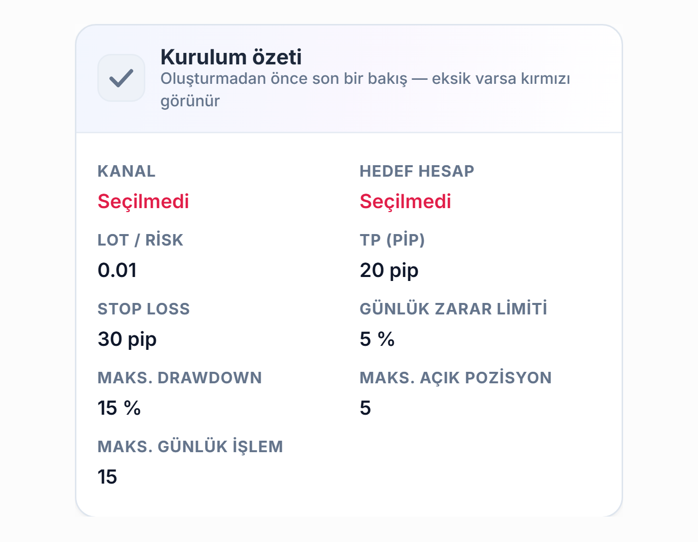 Kurulum özeti: Kanal ve Hedef hesap alanları kırmızı Seçilmedi, Lot, TP, Stop Loss, günlük zarar ve limit değerleri