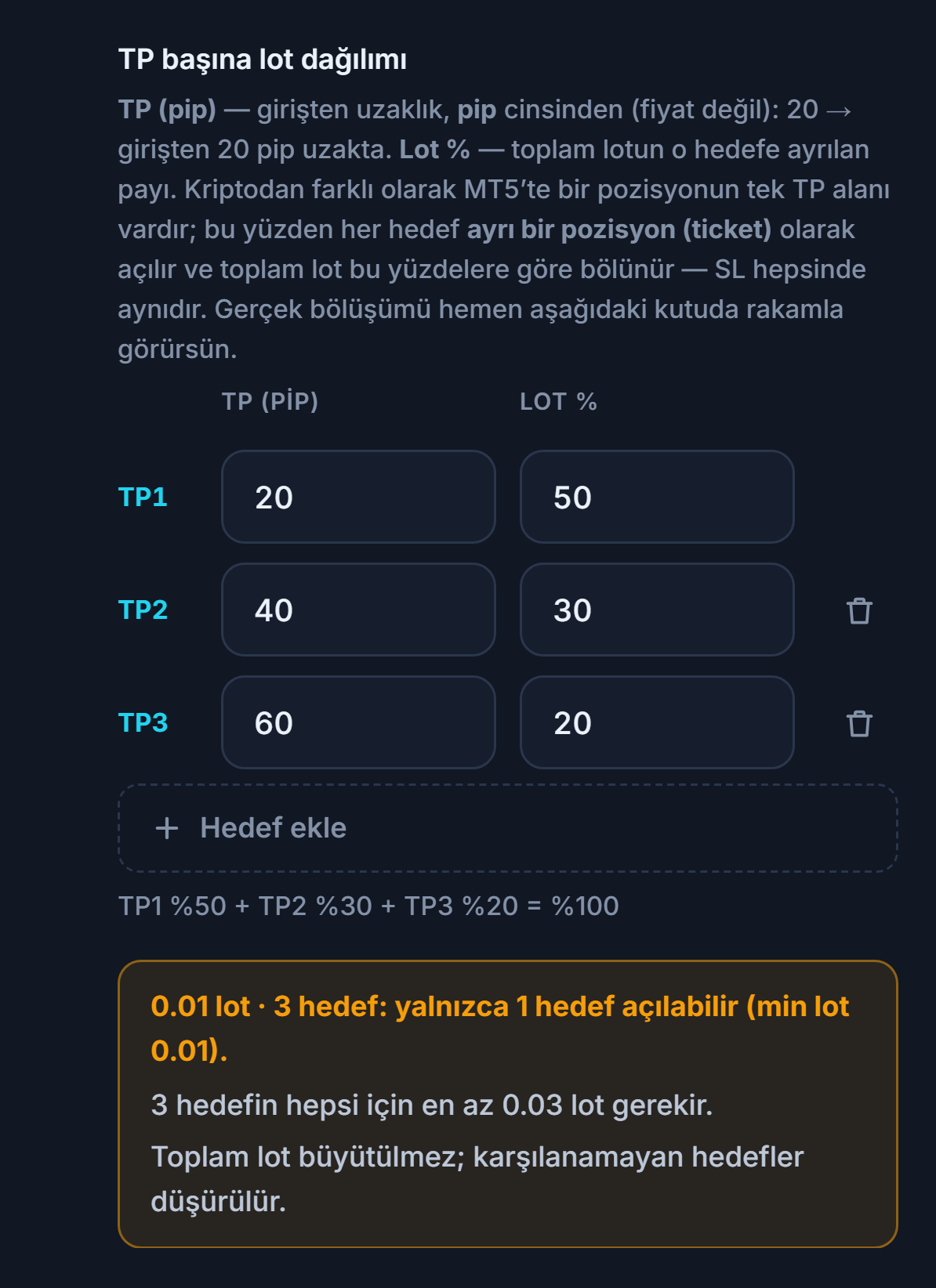Turuncu uyarı: 0.01 lot 3 hedef, yalnızca 1 hedef açılabilir; 3 hedefin hepsi için en az 0.03 lot gerekir